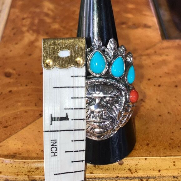Artisan Crafted Turquoise Indian Chief Ring Size 10 - Picture 7 of 9